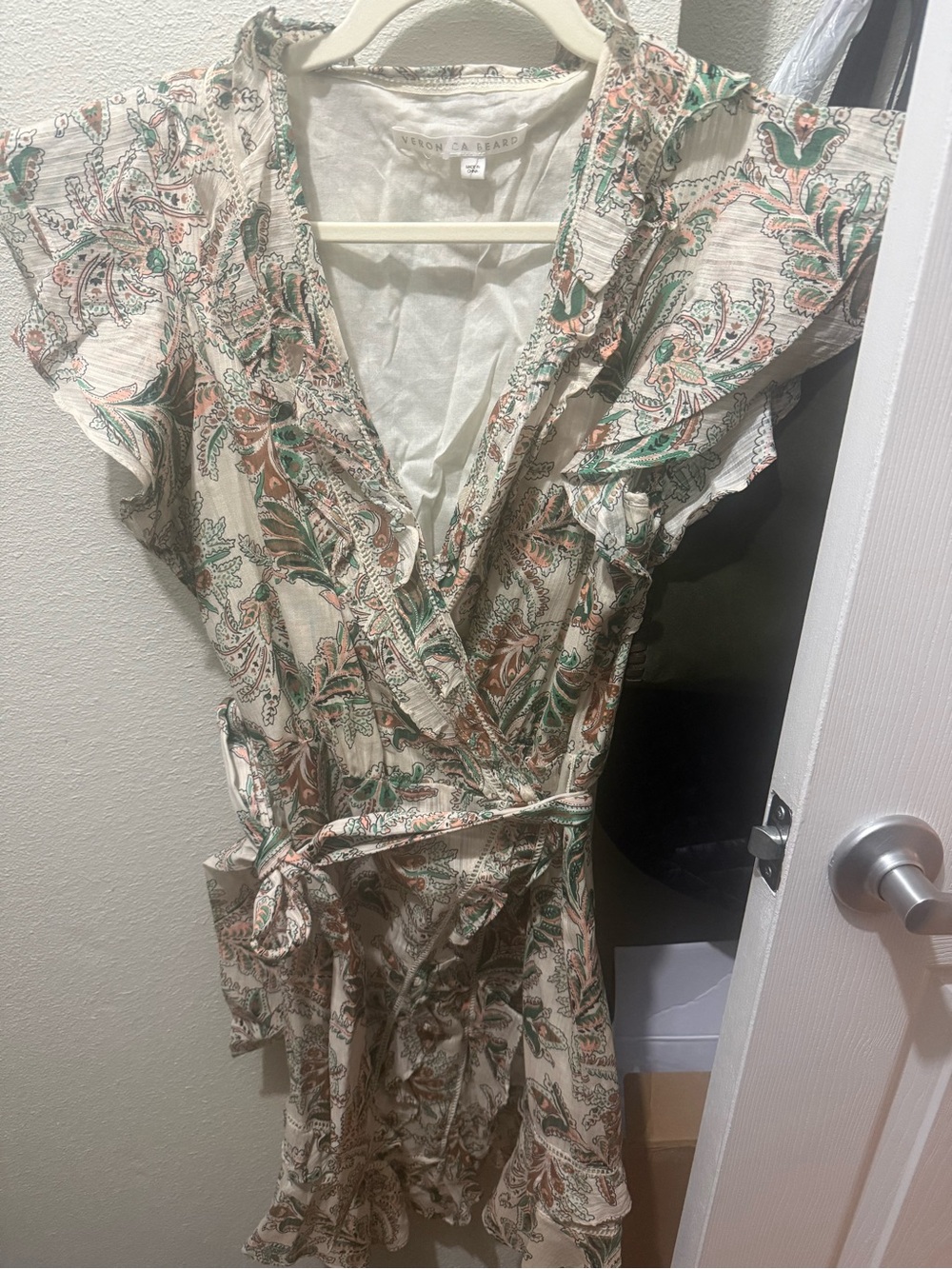 Veronica Beard Cream Paisley Wrap Dress Top with Green & Brown Print